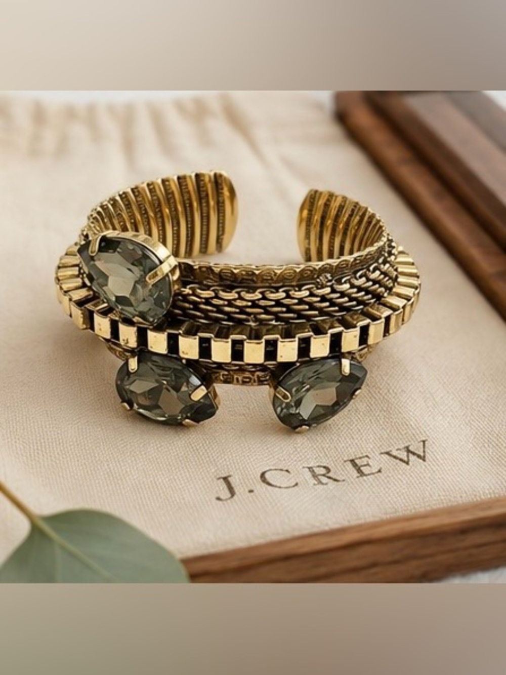 ✨J.Crew Vintage Antique Gold Finish Cuff Bracelet | Smoky Gray Faceted Crystals✨